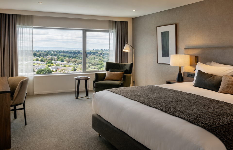 Classic guest room at Porgess with warm evening lighting